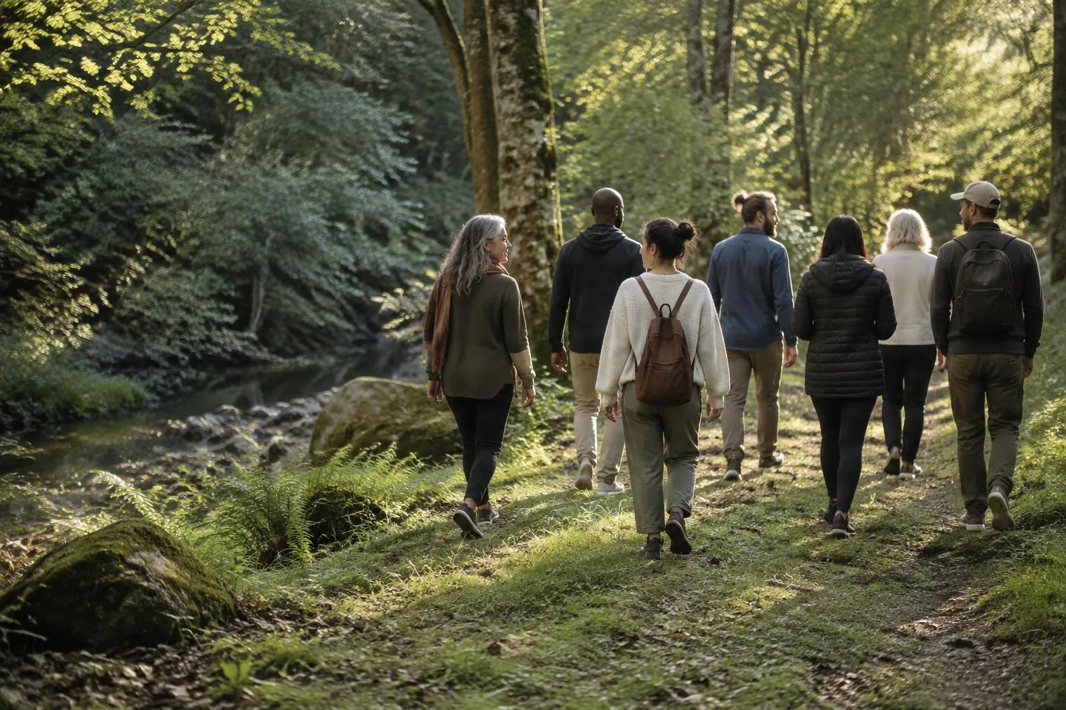 A group walking together on a woodland trail