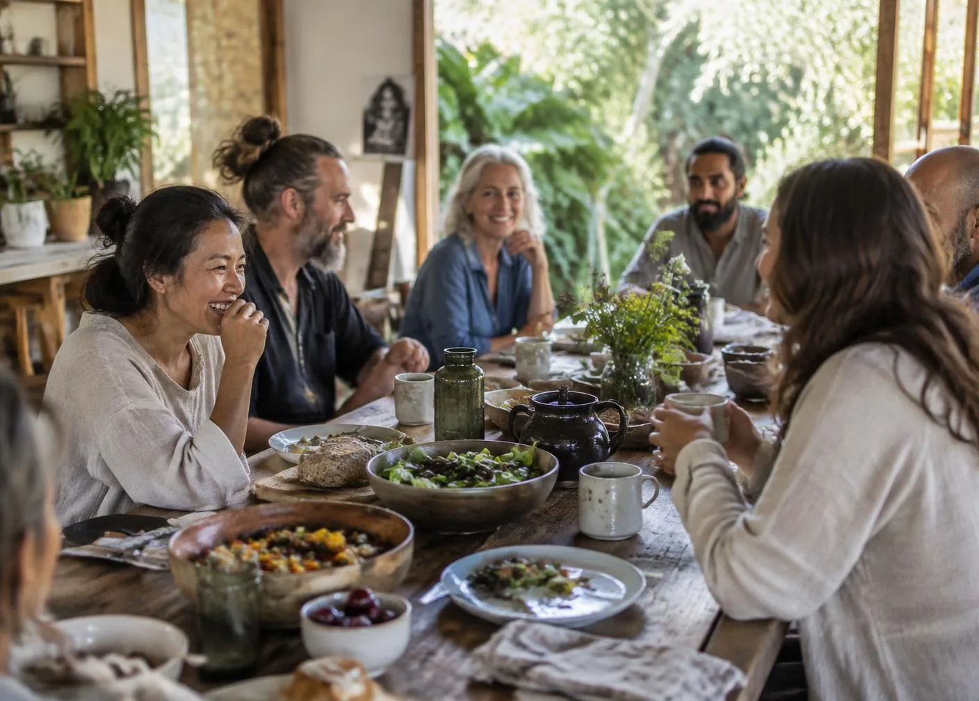 Community members sharing a meal and conversation